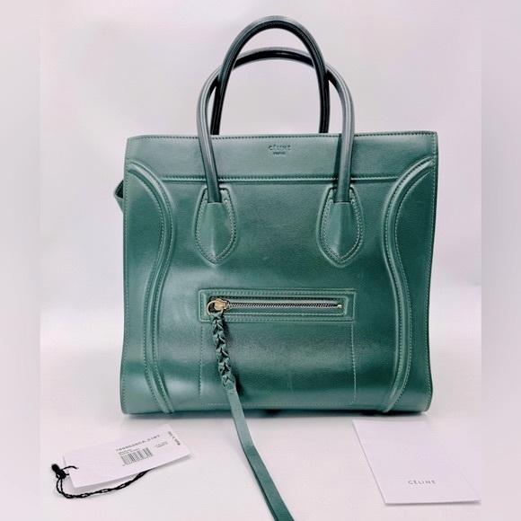 Auth Celine Bottle Green Drummed Leather Phantom Luggage Tote Bag - Picture 1 of 16